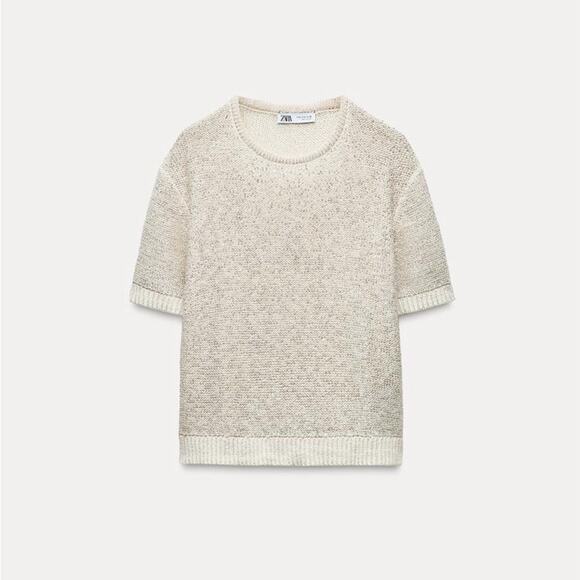 Zara Silver SEQUIN KNIT TOP Size Medium - Picture 3 of 8